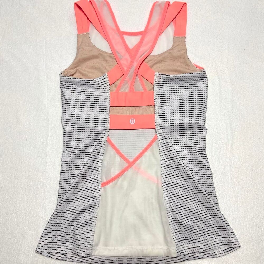 lululemon ready, set, sweat tank top double dot white coral criss cross coral